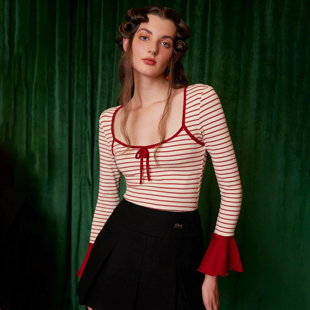 Zara Striped Bell Sleeve Bow Square Neck Cropped Long Sleeve Top